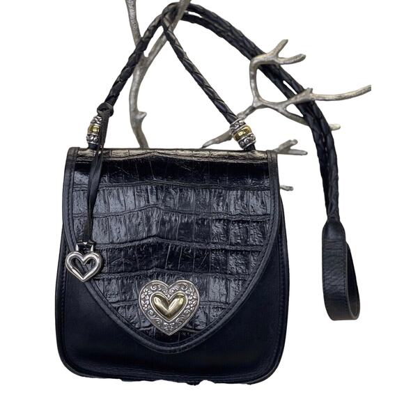 Vintage BRIGHTON Black Leather Croc Embossed Flap Crossbody Structured Crossbody - Picture 1 of 15